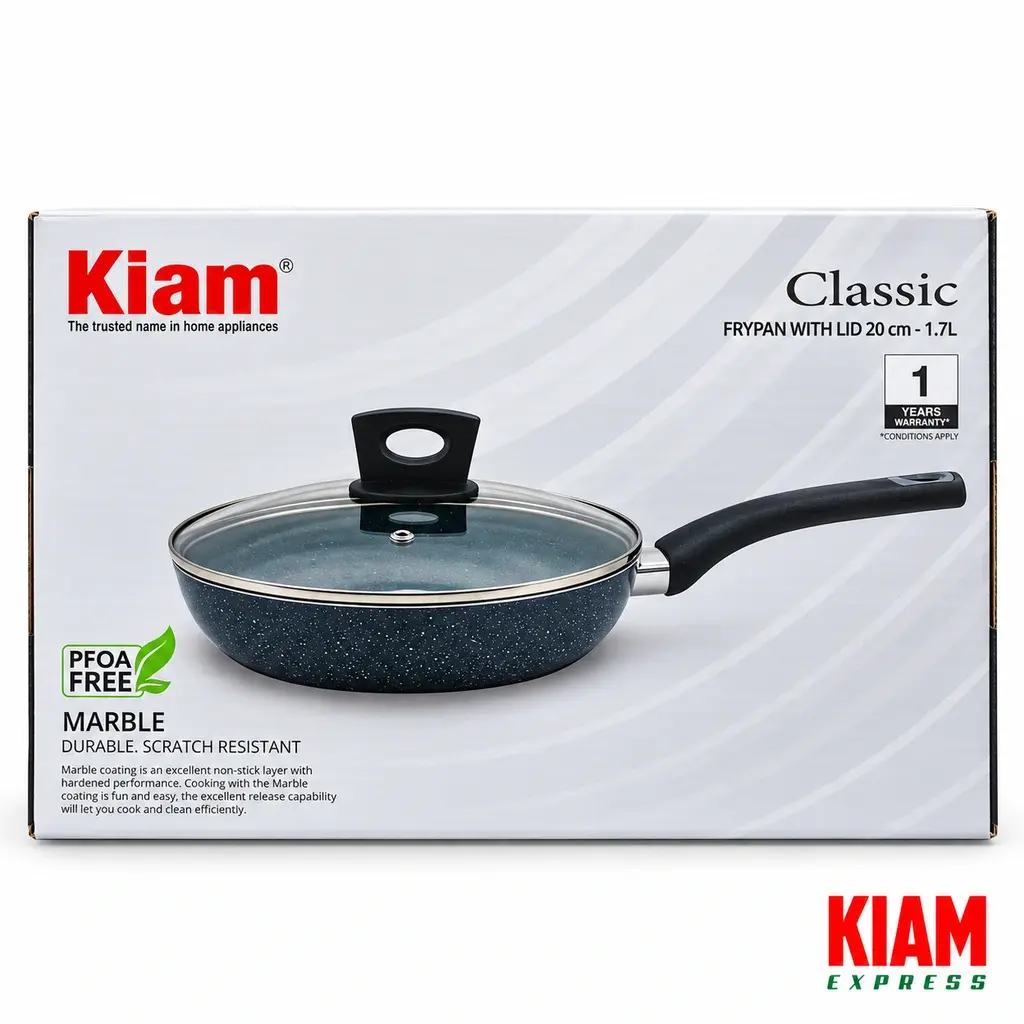 Kiam Marble Coated Frypan with Glass Lid – 20cm, 1.7L