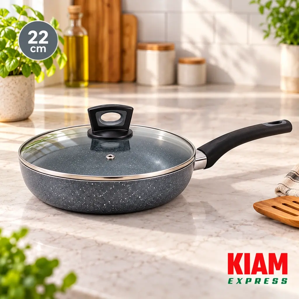 Kiam Marble Coated Frypan with Glass Lid – 22cm