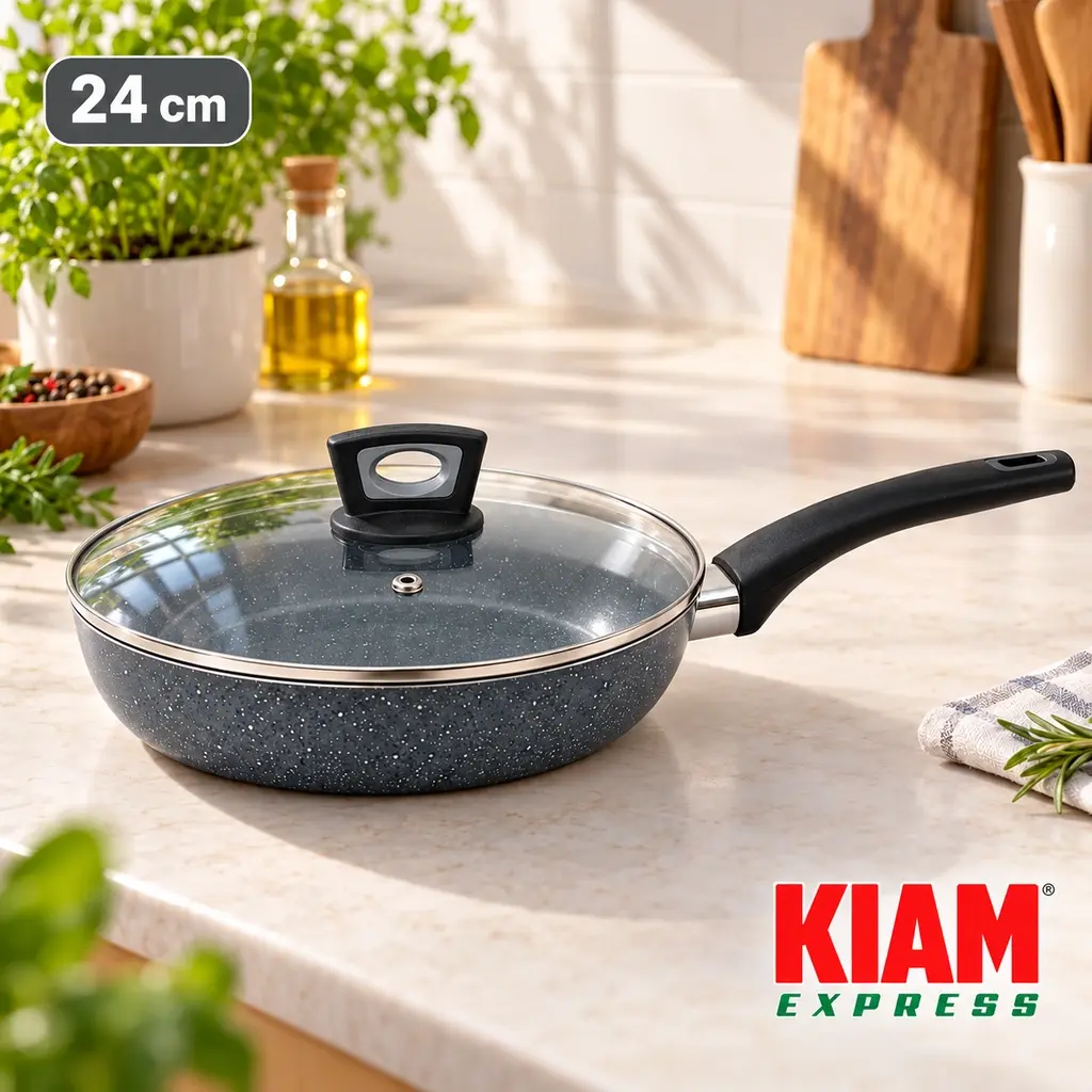 Kiam Marble Coated Frypan with Glass Lid – 24cm, 1.9L