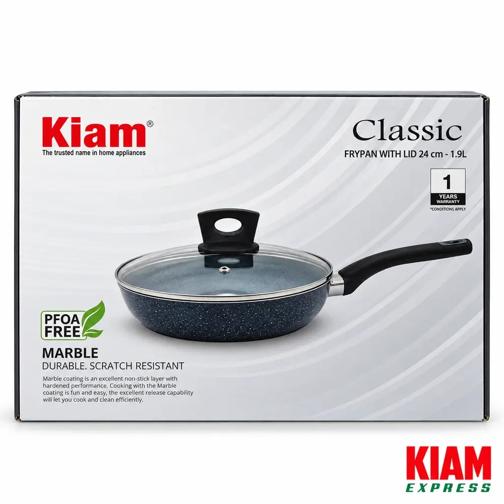 Kiam Marble Coated Frypan with Glass Lid – 24cm, 1.9L