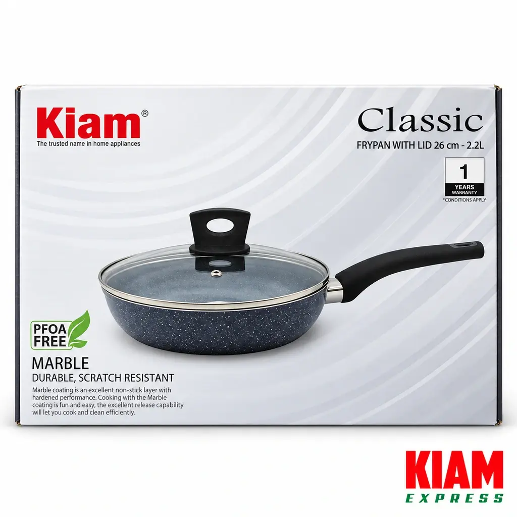 Kiam Marble Coated Frypan with Glass Lid – 26cm, 2.2L